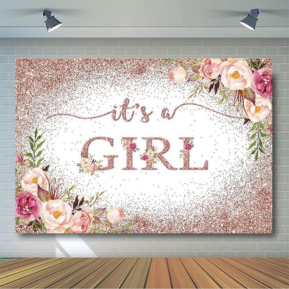 Avezano Rose Gold Baby Shower Backdrop for Girls Party Blush Pink Floral It's a Girl Baby Shower Photography Background Rose Gold Glitters Confetti Decoration Photoshoot Events Banner (10x7ft)