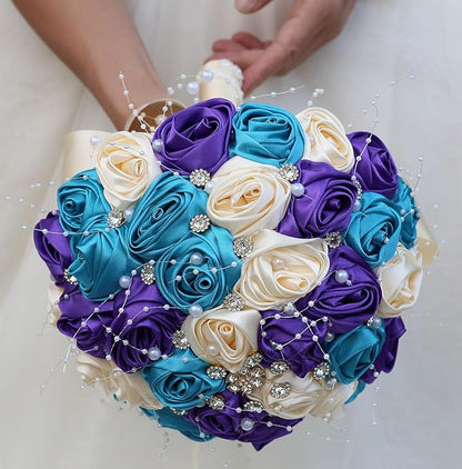 Bridal Wedding Bouquet Round Bling Brooch Bouquet Throw Toss Artificial Rose Flower Bunch for Bride Bridesmaid Wedding Quinceanera(Teal Blue, Purple & Cream, 9.8")