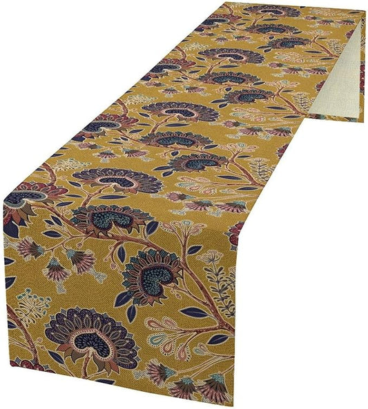 Boho Floral Table Runner, Mustard Yellow Paisley Floral Vintage Farmhouse Table Runner for Kitchen Dining Holiday Party Decor, 13x36 Inch