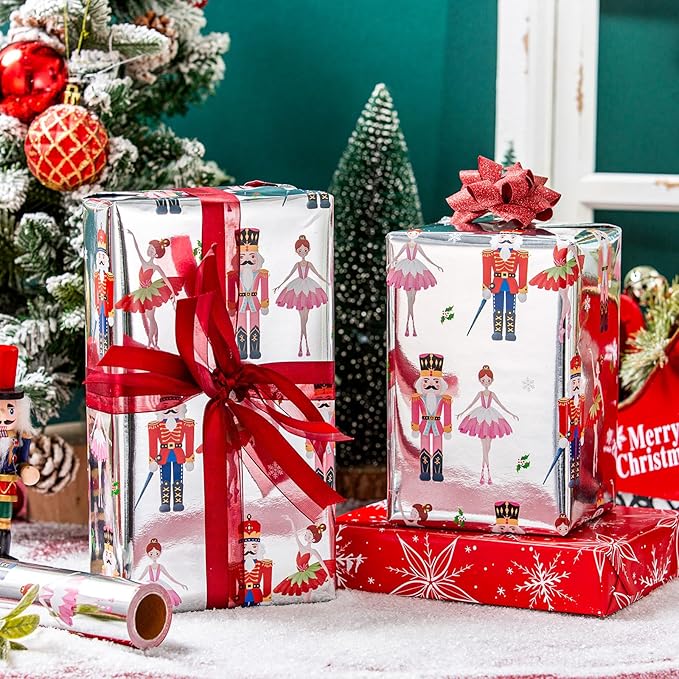 MAYPLUSS Christmas Nutcracker Wrapping Paper - 17 Inch X 33 Feet - Metallic Christmas Gift Wrapping Paper Featuring Holly Cute Ballet Girl Reversible Snowflakes for Holiday Party New Year Kids