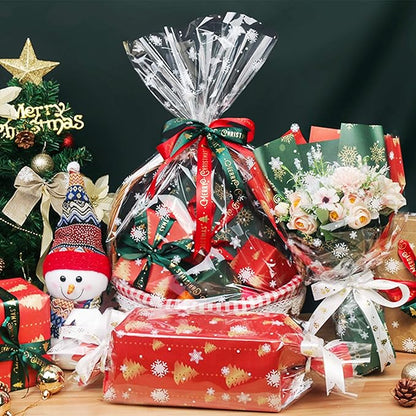 31.5 in X 100 ft Christmas Cellophane Wrap Roll – 3 Mil Thicken Snowflake Clear Cellophane Wrap Roll for Gift Baskets, Clear Cellophane Bags Large for Christmas Gift Baskets(31.5" fold into 16")
