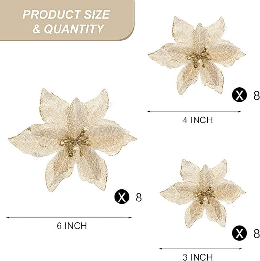 WILLBOND 24 Pcs 3 Size Poinsettia Flower Artificial Christmas Decor Glitter Poinsettia Christmas Ornaments Faux Flowers for Xmas Tree Outdoor(3.2/4/6 Inches,Gold)