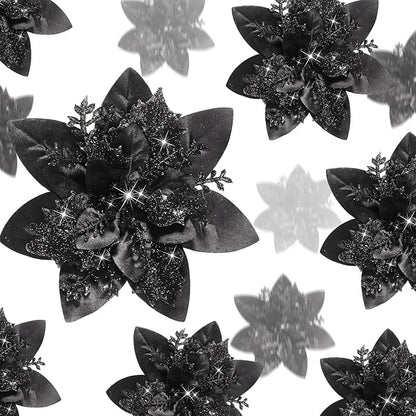 Geosar 24 Christmas Glitter Artificial Poinsettia Flowers Xmas Poinsettia Artificial Wedding Flowers Decorations Xmas Tree Ornaments with Clips for Party Favors, 6 Inch, 4 Inch, 3 Inch (Black)