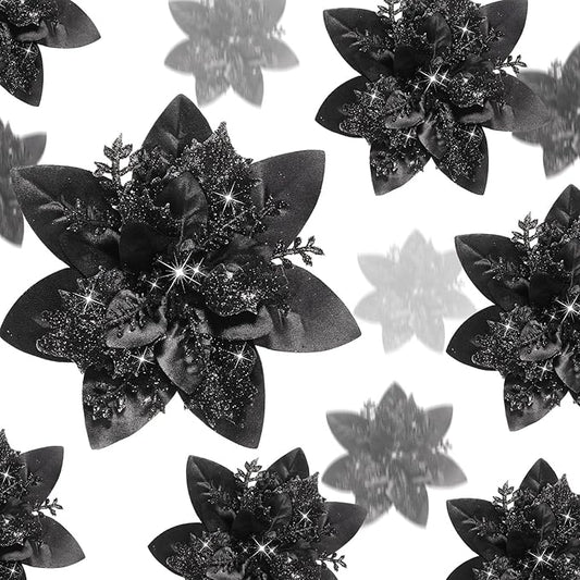 Geosar 24 Christmas Glitter Artificial Poinsettia Flowers Xmas Poinsettia Artificial Wedding Flowers Decorations Xmas Tree Ornaments with Clips for Party Favors, 6 Inch, 4 Inch, 3 Inch (Black)