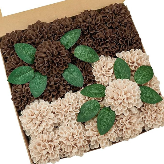 Artificial Flowers, 50pcs Artificial Rose for DIY Bouquets Arrangement, Brown and Tan Dahlia Flowers Foam Fake with Stems for Wedding Shower Party Floral Arrangements Tables Home Decorations