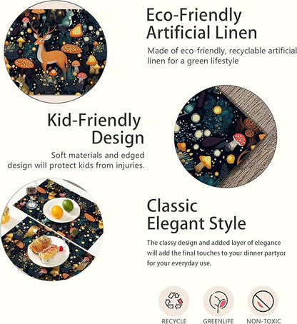 Fantasy Mushroom Forest Placemats Set of 6,Deer Bunny Place Mats Heat Resistant Washable Non-Slip Table Mats for Party Kitchen Dining Decor 12x18 Inch