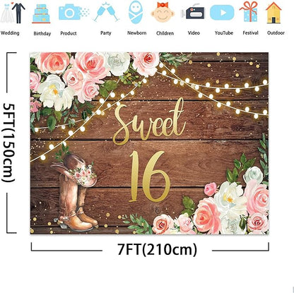SVBright Sweet 16 Backdrop 7Wx5H Western Cowgirl Happy Birthday Rustic Country Wood Plank Pink White Floral Flower Rose Retro Boots Hat Decorations Photography Background Banner Photo Booth Studio