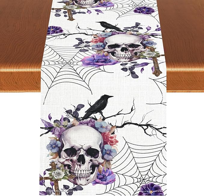 Gothic Floral Table Runner, Retro Dark Skull Spider Web Crow Flower Halloween Witchy Coffee Table Center Decor for Home Kitchen Dining Patio Holiday Party Table Decorations 13x108 inches