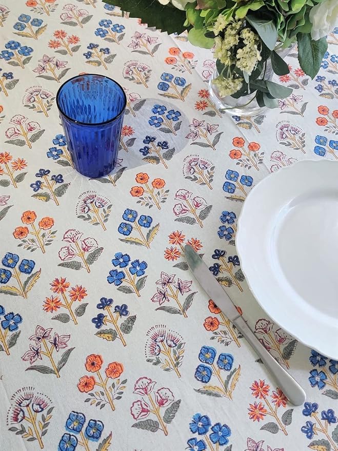 ATOSII Flora Bloom 100% Cotton Rectangle Summer Tablecloth, Block Print Floral Table Cloth for Dining Parties Wedding Outdoors I Grand Millennial Home Decor 60 X 90 Inches I 6 Seater I Memorial Day
