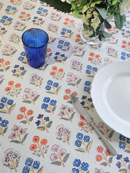 ATOSII Flora Bloom 100% Cotton Rectangle Summer Tablecloth, Block Print Floral Table Cloth Linen for Kitchen Dining I Parties Wedding Outdoors I Home Decor 60 X 108 Inches I 8 Seater I Memorial Day