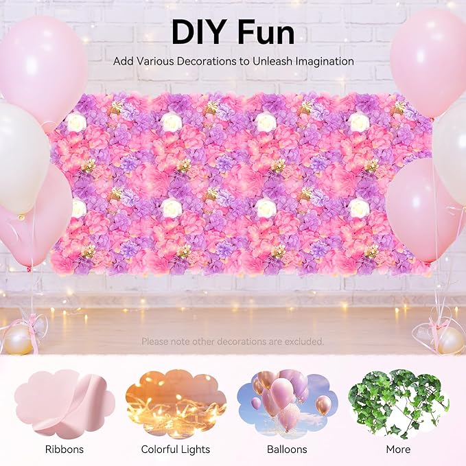 24 Pack Flowers Wall Panels Artificial Floral Wall Mat Handmade 3D Silk Rose Hydrangea Dahlia Floral Panels for Photo Background Home Party Wedding Backdrop Decoration, 24 x 16 inch (24 pcs)