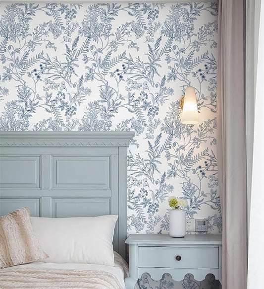 394"x17.3" Peel and Stick Wallpaper Blue and White Floral Wall Paper for Bedroom Blue Contact Paper for Cabinets Self-Adhesive Removable Wallpaper for Bathroom Kitchen Wall Decor