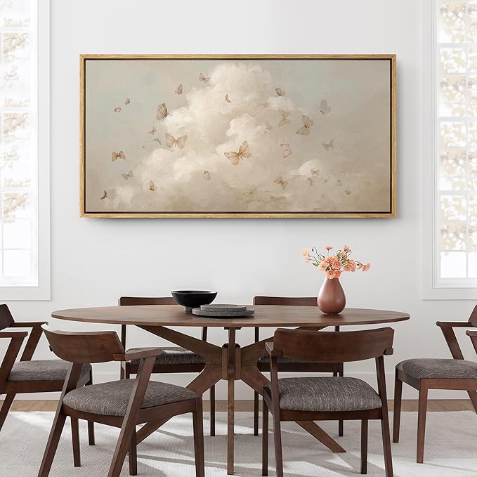 SIGNFORD Extra Large Framed Canvas Print Wall Art Butterflies in the Clouds Dreamy Sky with Flying Butterflies Illustrations Modern Art Relax/Calm Warm for Living Room, Bedroom, Office - 60"x30"