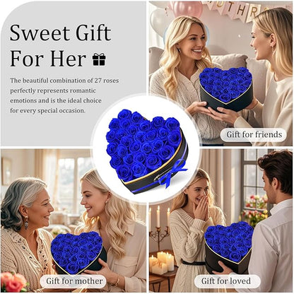 27 Preserved Roses in Heart Shape Gift Box for Her - Forever Flowers for Delivery, Eternal Rose Mothers Gifts for Mom, Wife Anniversary Birthday Gifts for Women, Blue