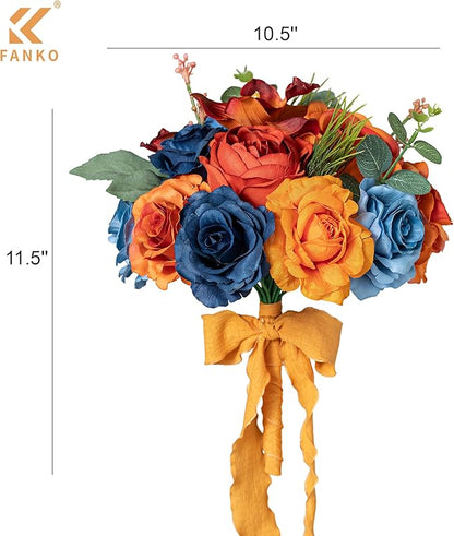 FANKO Artificial Flowers Gradient Orange Rose: Mixed Fake Silk Flowers Combo Dusty & Navy Blue Rose Orchid Vintage Assorted Blooms for DIY Wedding Bridal Bouquets/Centerpieces/Home Decor