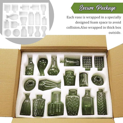 36Pcs Bud Vases Set Small Vintage Glass Bottles Bud Vases in Bulk Multiple Shape Cute Glass Vases for Rustic Wedding Centerpieces Table Decorations and Home Decor(Green)