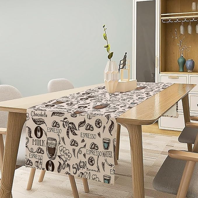 Coffee Theme Table Runner Coffee Time Espresso Seasonal Dinner Runner for Retro Farmhouse Kitchen Dining Coffee Table Decoration Cabin Home Holiday Party 13x60in