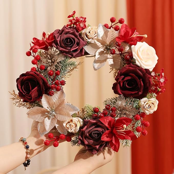 YYHUAWU Artificial Christmas Flowers Greenery Combo Box Set Faux Flowers Bulk Flower Leaf with Stems for DIY Tree Ornaments Xmas Wreath Floral Arrangements Centerpieces