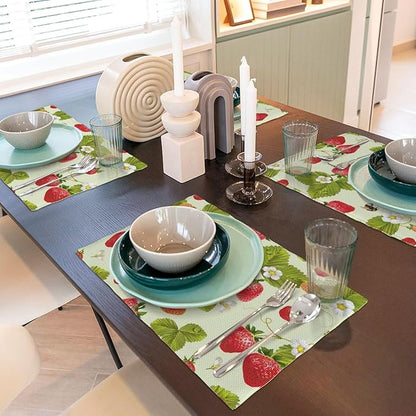 Fruit Linen Placemats Set of 4 Strawberry Plants Flowers Placemats for Indoor Outdoor Party Home Desktop Kitchen Dining Room Decor 12x18 Inch