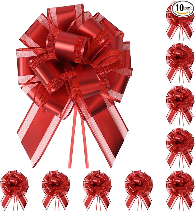 10-Pack Classic Red Pull Bows for Gift Wrapping - 6 Inch Reusable Ribbon Bows, Large Instant Floral Decor Bows for Wedding, Christmas, Birthday Decor, Gift Basket & Party Decorations