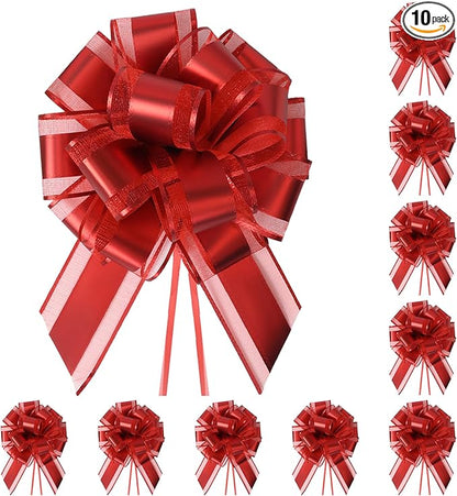 10-Pack Classic Red Pull Bows for Gift Wrapping - 6 Inch Reusable Ribbon Bows, Large Instant Floral Decor Bows for Wedding, Christmas, Birthday Decor, Gift Basket & Party Decorations