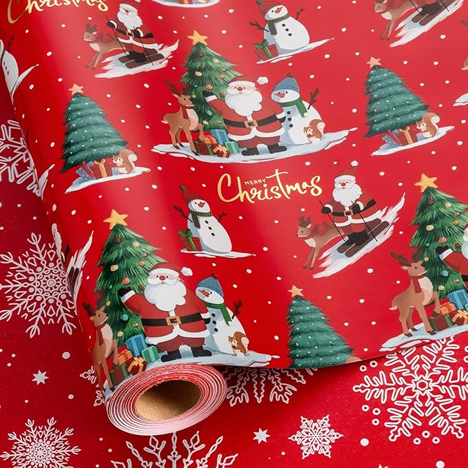 MAYPLUSS Red Christmas Wrapping Paper Roll - 17IN X 33FT - Santa Gift Wrapping Paper Featuring Christmas Tree Santa Claus Snowman Reindeer Reversible Snowflake for Kids, Holiday, New Year