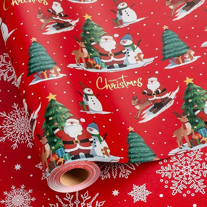 MAYPLUSS Red Christmas Wrapping Paper Roll - 17IN X 33FT - Santa Gift Wrapping Paper Featuring Christmas Tree Santa Claus Snowman Reindeer Reversible Snowflake for Kids, Holiday, New Year