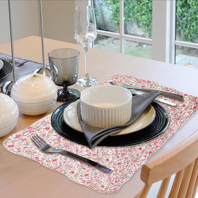 Quilted Placemats Set of 4 18"X13" Cotton Placemats Washable Cloth Table Mats for Kitchen Table (Floral Print)