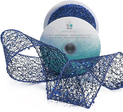 CT CRAFT LLC Sparkling Glitter Mesh Wired Ribbon 2.5" x 10 Yards Blue Navy for Christmas Home Decor Bow Gift Wrapping DIY Crafts Wreath