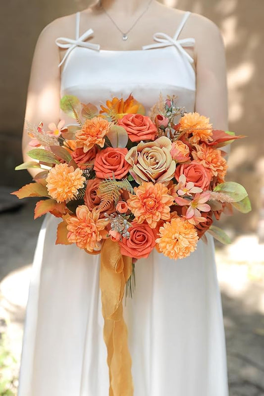 Fall Orange Artificial Flowers Combo Box Set Gradient Color Flower Leaf with Stems for DIY Wedding Bouquets Centerpieces Baby Shower Party Home Decorations