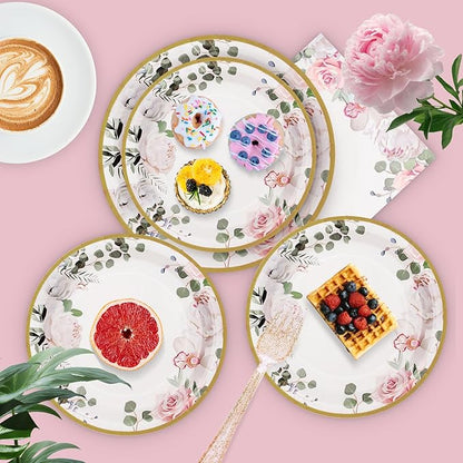 350 PCS Floral Plates and Napkins Party Supplies Serve 50 Flower Disposable Paper Dinnerware Sets for Adults Bridal Shower Decorations Baby Shower Birthday Wedding Engagement Tea