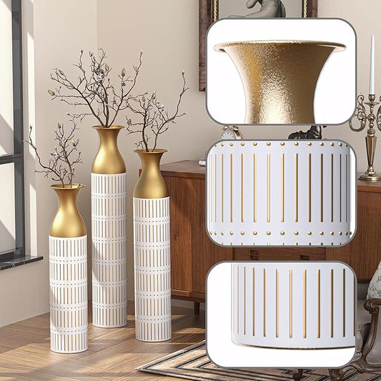 Tall Floor Vase Set of 3 - Large Vintage Modern Oversized Metal Vases for Decor Living Room, Gold Decorative for Corner Hallway