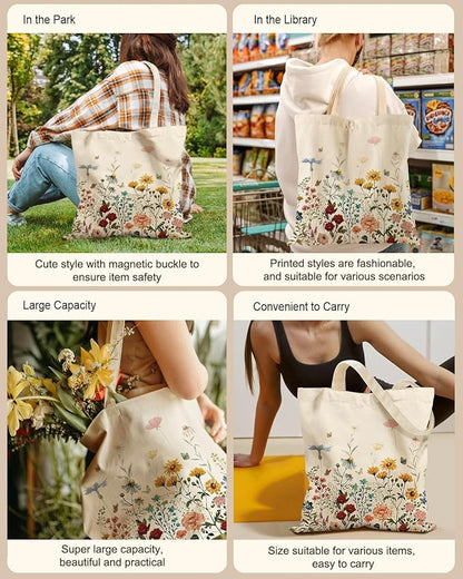 Aesthetic Tote Bag for Women- with Magnetic Buckle and Zipper Inner Pocket Cloth Cotton Canvas Tote Bags