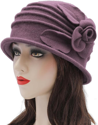ZLYC Women Wool Cloche Bucket Hat 1920s Vintage Dress Winter Hats with Flower Accent