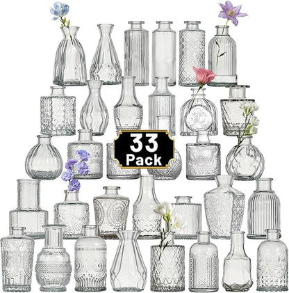 Glass Bud Vase Set of 33 Pcs Small Minimalist Vases for Flowers, Vintage Rustic Home Decor for Table Centerpiece Wedding Party, Modern Clear Aromatherapy Bottle for Living Room Bedroom