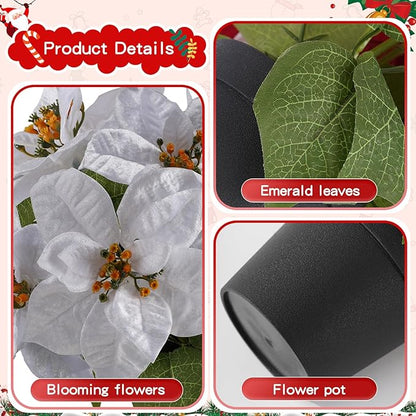 Poinsettias Flowers Artificial 2 Pack White Faux Christmas Poinsettia Plant Small 11 Inch Winter Flowers for Home Office Table Decorations Indoor Xmas Ornament