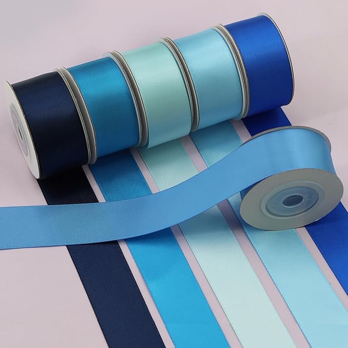 Double-Face Blue Satin Ribbon for Gift Wrapping, Wedding, Baby Shower, Boy 6 Colors Satin Ribbon 1" X 5 Yard Each Total 30 Yds Per Package