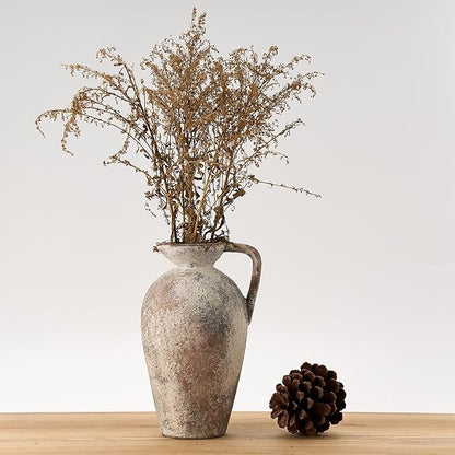 9.3 Inch Antique Ceramic Vase, Terracotta Vase with Handle, Tuscan Decor Farmhouse Decorative Vase, Rustic Vase for Home Decor, Living Room, Entryway, Wedding - Distressed Design, Gray