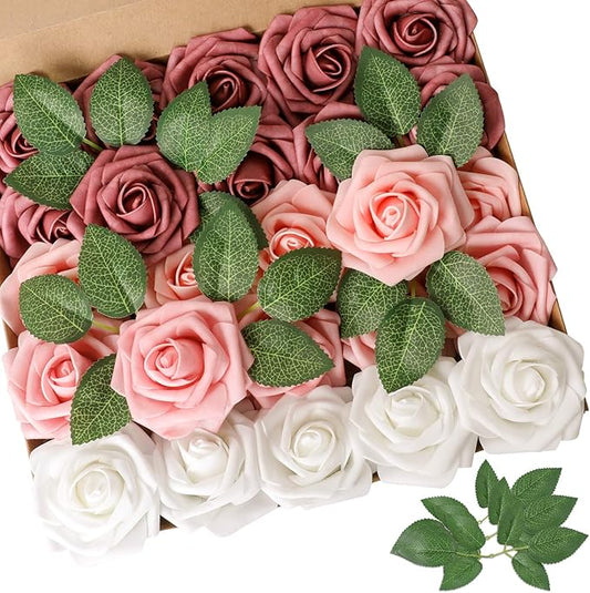 AmyHomie Artificial Flower Shades of Rose 25pcs Real Looking Fake Roses w/Stem for DIY Wedding Bouquets Centerpieces Arrangements Party Baby Shower Valentines Day Christmas Tree Decorations