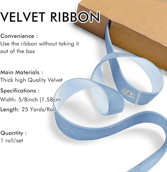 Blue Velvet Ribbon 5/8'' 25 Yards for Christmas Tree, Gift Wrapping, Flower Bouquet, Wreath Decorations, Bow Making