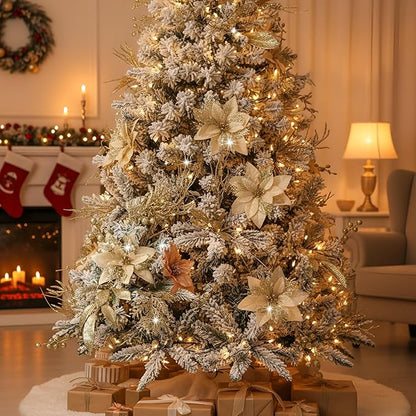 60 Pcs Christmas Glitter Branches 6 Styles Artificial Christmas Picks Berries Stems Poinsettia Flowers Pine Needles Floral Twig Spray for Xmas Tree Ornaments DIY Wreath Garland(Gold)