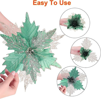 10'' Large Christmas Glitter Poinsettia Flowers Decorations, stadeco 10 Pcs Christmas Tree Picks Ornaments Artificial Flowers with Long Stems for Xmas Tree Wreath Garland Wedding Party DIY Decor