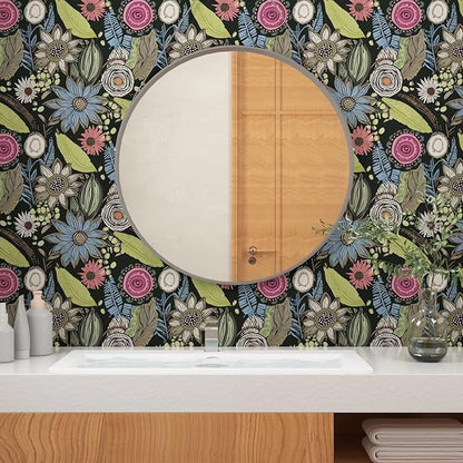 Boho Wallpaper Peel and Stick,Dark Green Vintage Floral Contact Paper, Retro Botanical Flowers Bohemia Wall Paper Self Adhesive Removable Waterproof for Bathroom Shelves Cabinet Table 17.5" x 118"