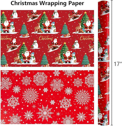 MAYPLUSS Red Christmas Wrapping Paper Roll - 17IN X 33FT - Santa Gift Wrapping Paper Featuring Christmas Tree Santa Claus Snowman Reindeer Reversible Snowflake for Kids, Holiday, New Year