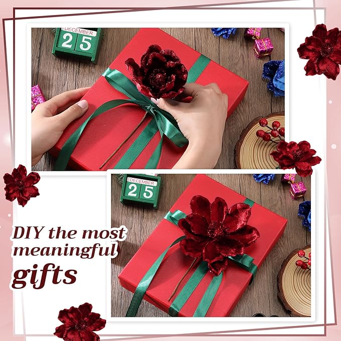 20 Pcs Christmas Glitter Poinsettia Magnolia Flowers Ornaments Large Heads Artificial Magnolia Flowers for Christmas Tree Xmas Wreath Holiday Wedding Decor (Fuchsia)