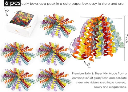 HUIHUANG Birthday Bows for Gift Wrapping 7" Rainbow Curly Gift Bows with Self Adhesive & Twist Tie Ribbon Bow for Presents Gift Basket Birthday Pride Month Party Favors - 6 Counts