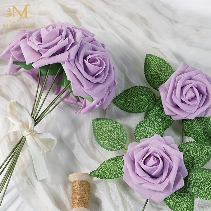 Meldel Artificial Flowers 50pcs Real Looking Dusty Violet Pale Lavender Foam Fake Roses with Stems for DIY Wedding Bouquets Bridal Shower Centerpieces Floral Arrangements Home Decorations Bulk Rose