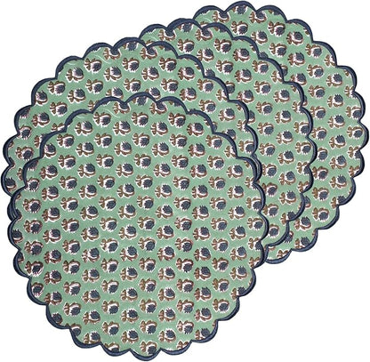 Ridhi Bo-ho Round Place Mat Double Layer Floral Cotton Washable Placemats 15" Round Embroidery Block Print Table Mat (Pack of 4-15 Inch Round, Basil Green)
