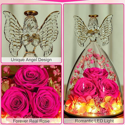 Christmas Rose Gifts for Women Preserved Real Flower in Glass Angel Figurines Roses for Delivery Prime Birthday Gifts for Mom Grandma Girlfriend Wife Her - Hot Pink