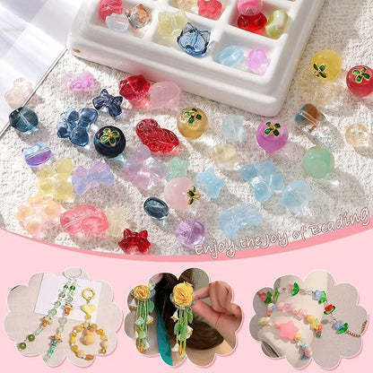150-200Pcs Assorted Glass Beads for Jewelry Making Colorful Beads of Various Flower Butterfly Geometric Animal Bow Charms Crystal Loose Bead for Bracelet Necklace Earrings Pendant Crafts DIY